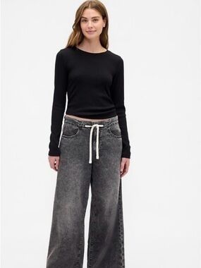Gap Superlight Pull on Baggy Wide Leg Washed Black Jeans with Drawstring Waist